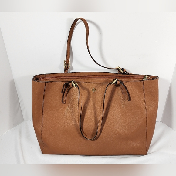 Tory Burch Emerson Canvas Leather Tote Caramel Brown Large Bag - Picture 1 of 15